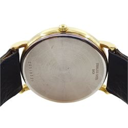 Longines Presence gentleman's gold-plated and stainless steel quartz wristwatch, champagne dial with baton hour markers and date aperture, on black leather strap, boxed