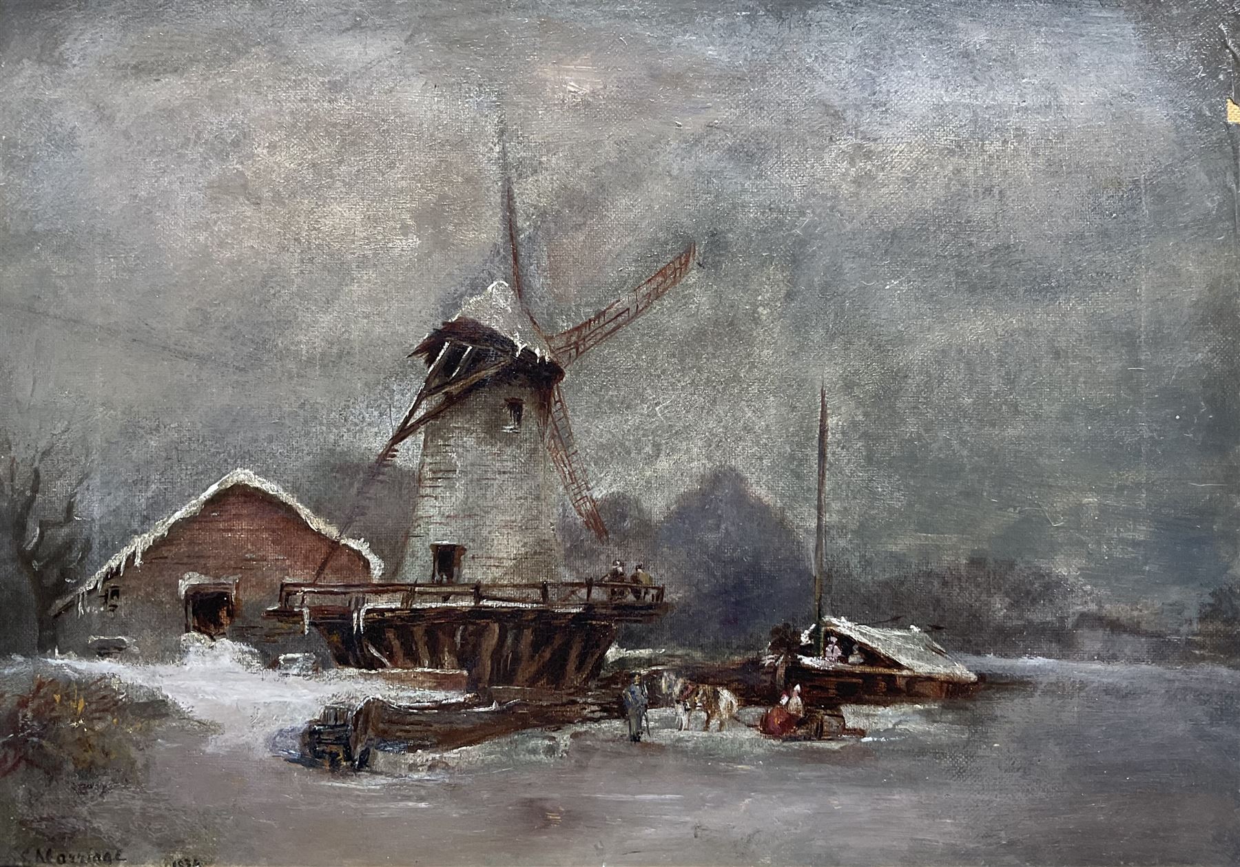 Dutch School (19th Century): Windmill and Frozen Lake, oil on canvas indistinctly signed 'S E Marriag*' and dated 1834, 24cm x 34cm 