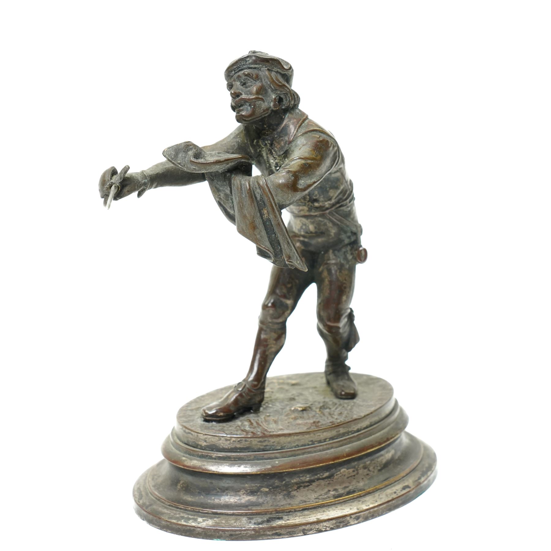 Early 19th century bronze 'go to bed' in the form of a seated Chinese figure on a rococo base W11cm and a plated on copper figure of a swordsman H12cm (2)