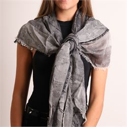 Mulberry - three scarves, comprising grey scarf with repeating tree motif, tan, cream and grey check scarf, and charcoal grey scarf with oversized ‘Mulberry’ motif, all with fringed edges (3)