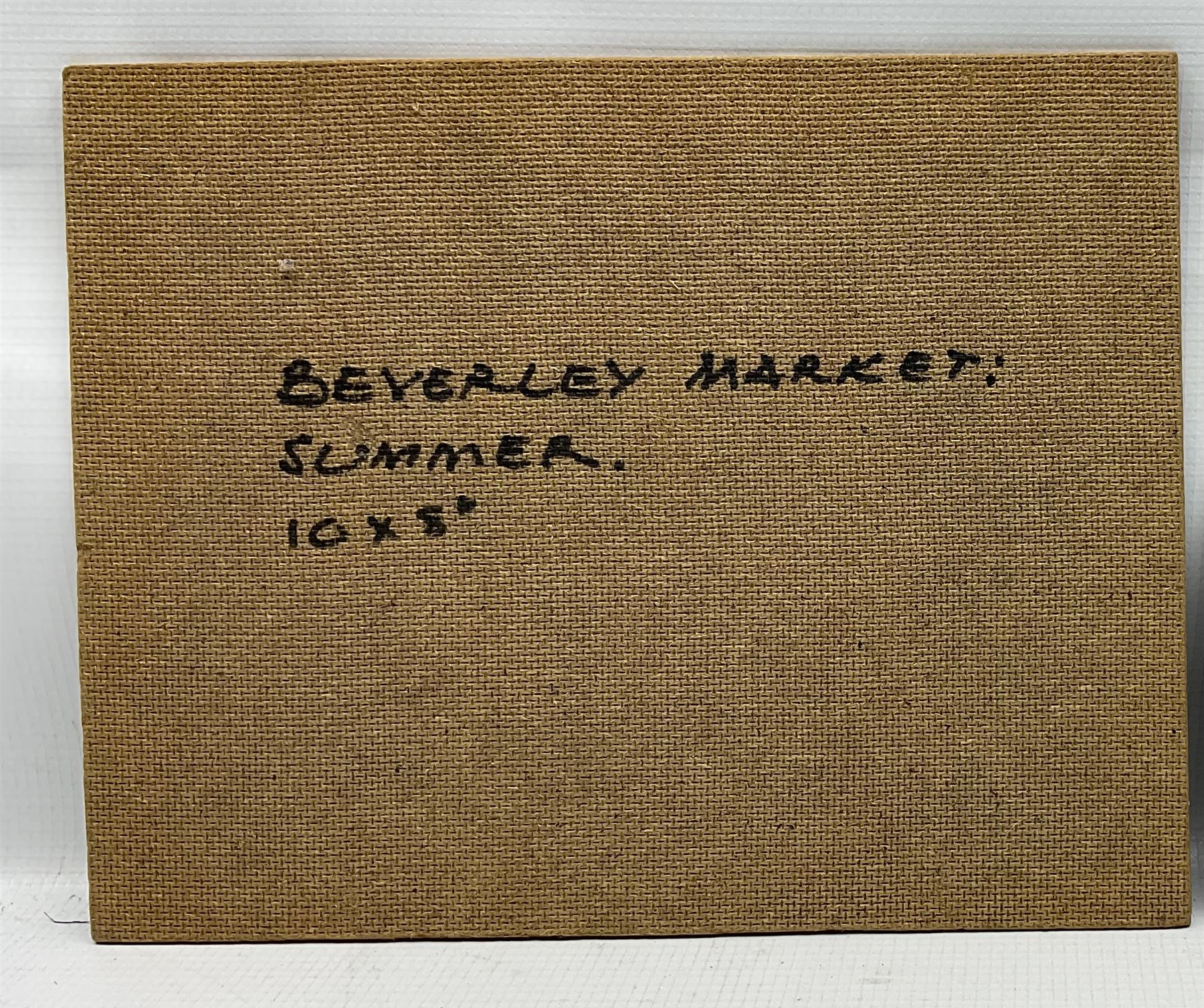 William Burns (Northern British 1923-2010): 'Beverley Market - Summer', oil on board signed, titled verso 20cm x 25cm (unframed) Provenance: Direct from the family of the artist.
Notes: Born in Sheffield in 1923, William Burns RIBA FSAI FRSA studied at the Sheffield College of Art before the outbreak of the Second World War, during which he helped illustrate the official War Diaries for the North Africa Campaign, and was elected a member of the Armed Forces Art Society. On his return, he studied architecture at Sheffield University and later ran his own successful practice, being a member of the Royal Institute of British Architects. However, painting had always been his self-confessed 'first love', and in the 1970s he gave up architecture to become a full-time artist, having his first one-man exhibition in 1979.