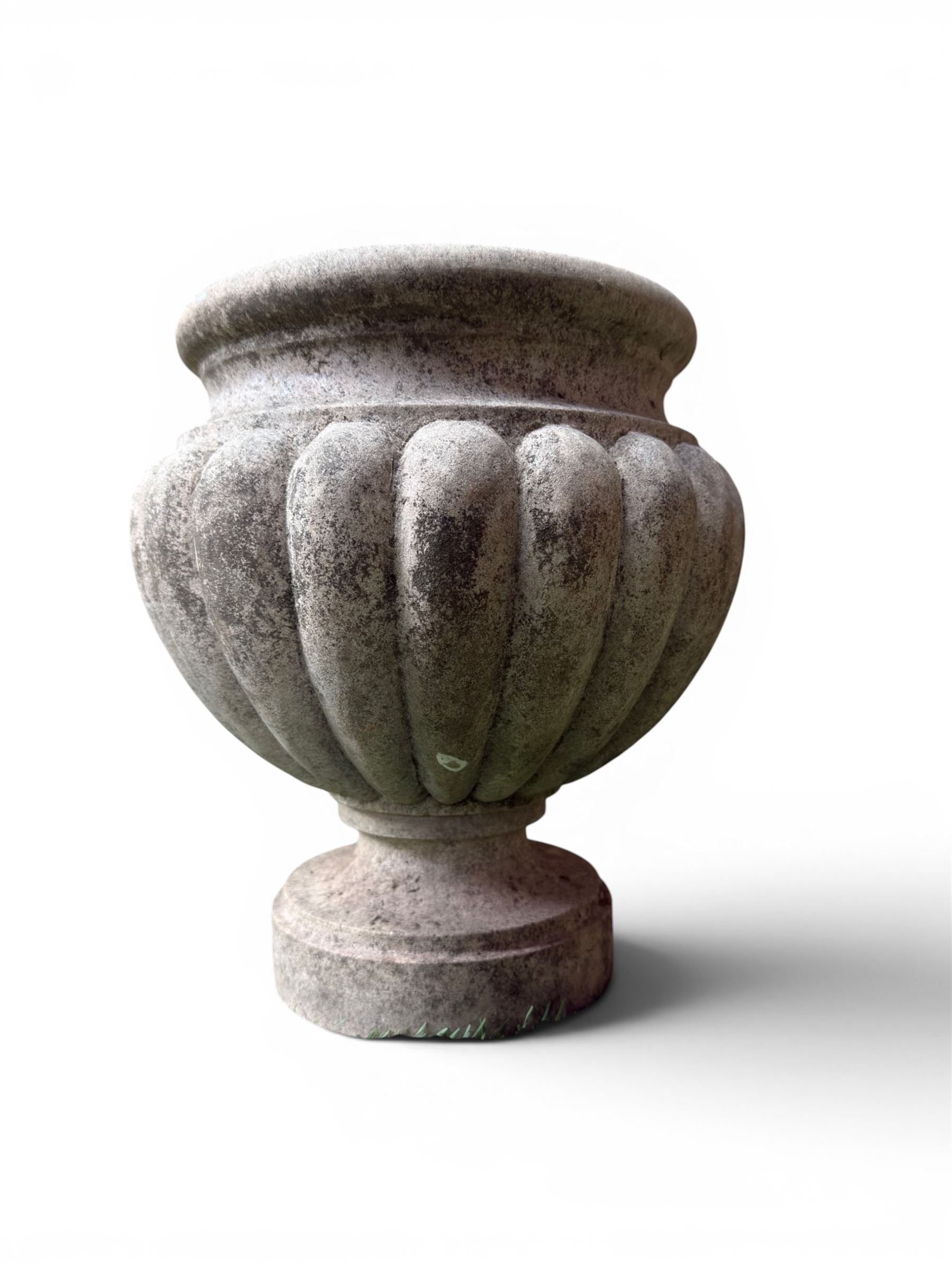 Small marble campana pedestal urn, fluted lobes raised on circular pedestal foot