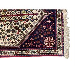 Persian Abadeh indigo ground runner rug, ivory field with pole medallion surrounded by plant and bird motifs and contrasting spandrels, border with interlaced flowerheads