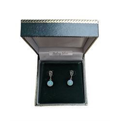 Silver opal and marcasite pendant stud earrings, stamped 925, boxed 