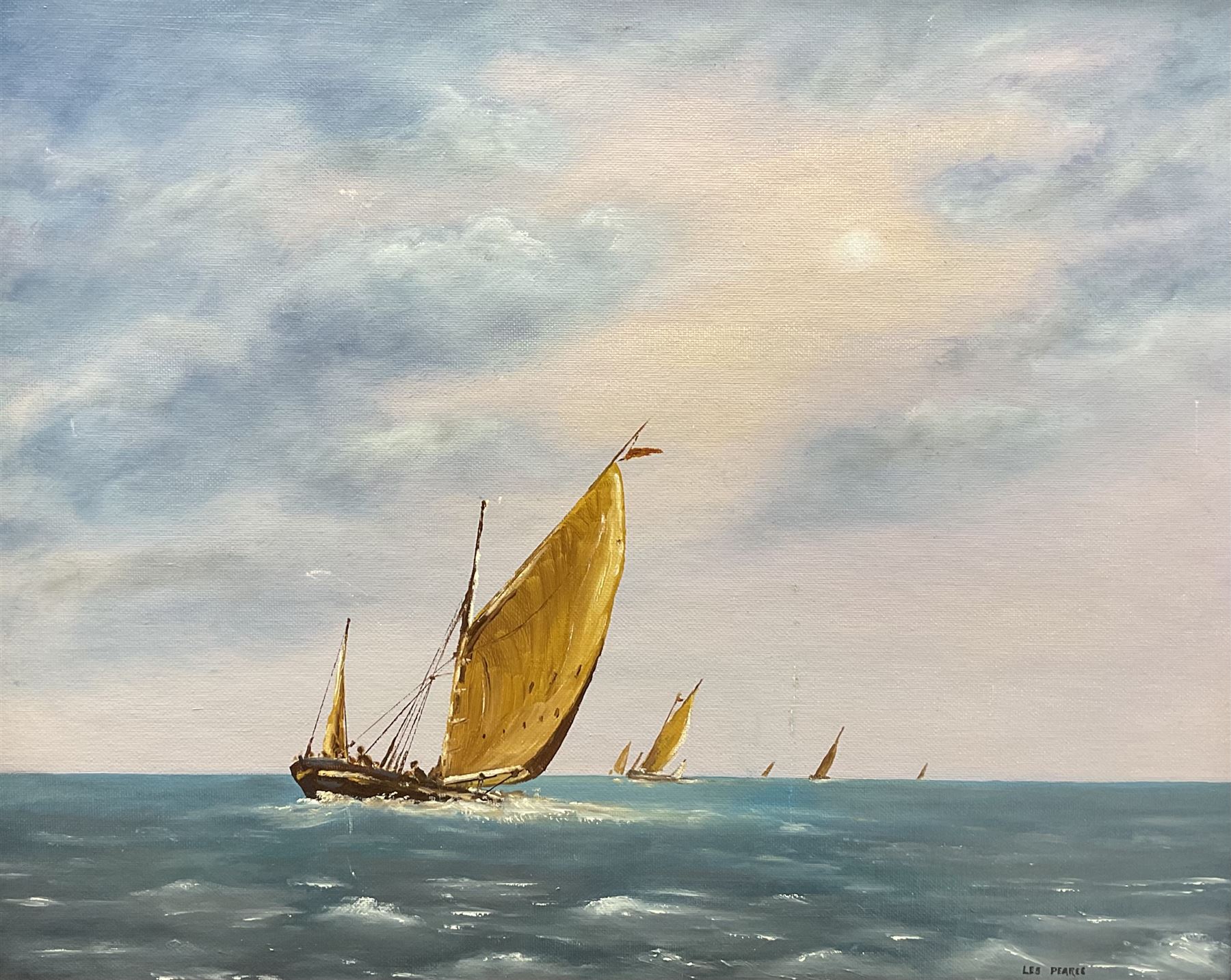 Barry Claughton (20th century): Cobbles at North Landing Flamborough, watercolour signed 23cm x 33cm; Landing the Catch, 19th/20th Century watercolour unsigned 28cm 39cm; Outward Bound, watercolour signed by S Barnes Robson 29cm x 37cm; Les Pearce (20th century): Thames Sailing Barge Race, oil on board signed  39cm x 49cm (4)