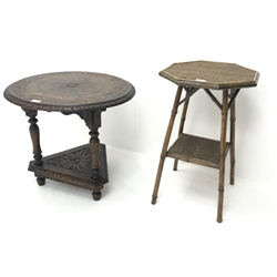 Victorian bamboo two tier plant stand (W44cm, H65cm, D40cm) and a Victorian heavily carved oak occasional table, turned supports joined by undertier (D61cm, H55cm)