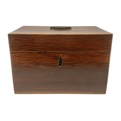 George III plum pudding mahogany tea caddy, of rectangular form with handle to the hinged cover, opening to reveal a removable zinc lined canister with hinged cover, and clear glass mixing bowl, H14cm, L22.5cm D14.5cm