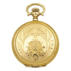 Early 20th century gold full hunter lever fob watch by Elgin, No. 14422458, white enamel dial with subsidiary seconds dial, case with folate decoration