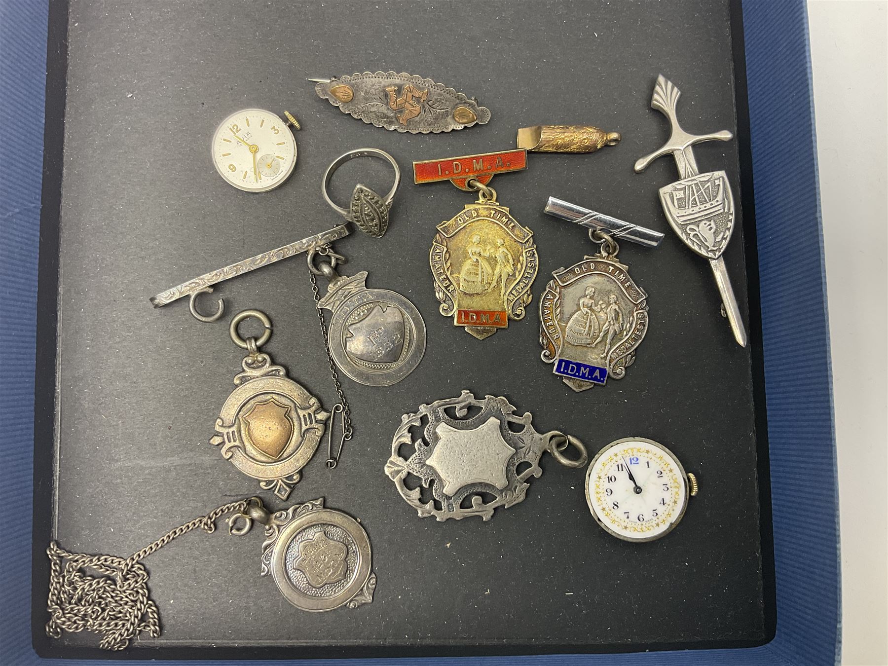 Victorian and later 9ct gold jewellery including glazed photo pendant, three gold cased wristwatches, signet ring and a cameo brooch, all hallmarked and silver jewellery including fobs, wristwatch, brooches and rings etc 