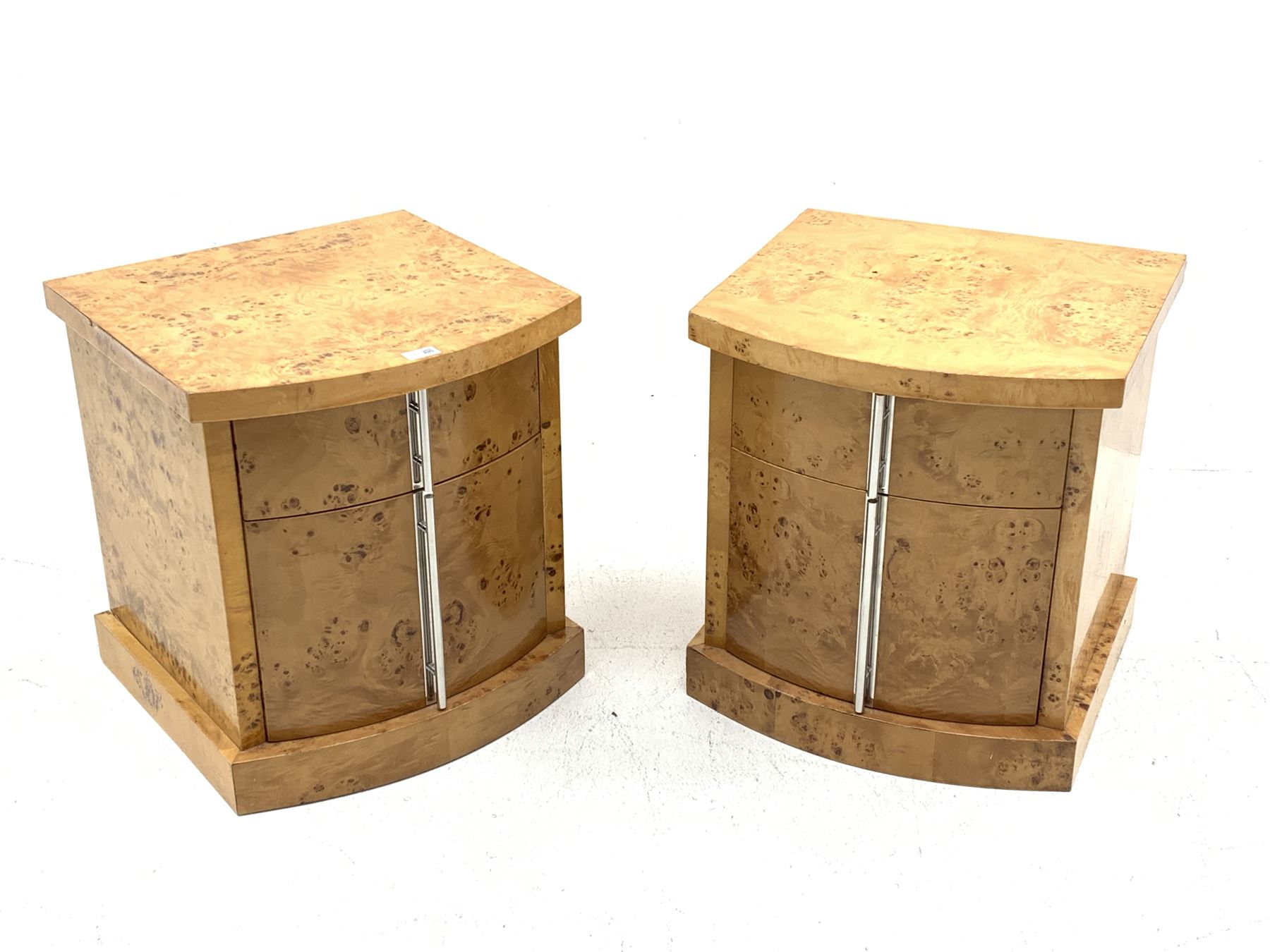 Pair Art Deco style figured maple bow front bedside cabinets, two drawers fitted with polished metal handles, W50cm, H54cm, D49cm
