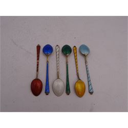 Set of six Danish silver gilt coloured guilloche enamel coffee spoons, each spoon with twist design enamel handle and ball finial, stamped Ela Denmark Sterling, in case