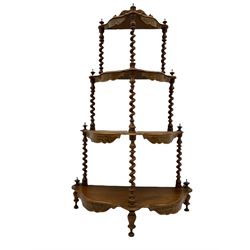 Victorian walnut whatnot, barley twist supports, four shaped tiers each with floral inlaid aprons