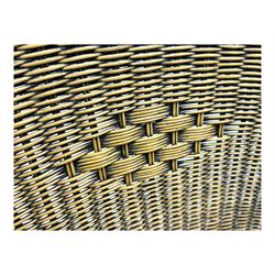 Late 20th century three-piece garden suite, wicker construction and wrought iron frame, decorated with cast metal leaf motifs, cream seat cushions and round back cushions