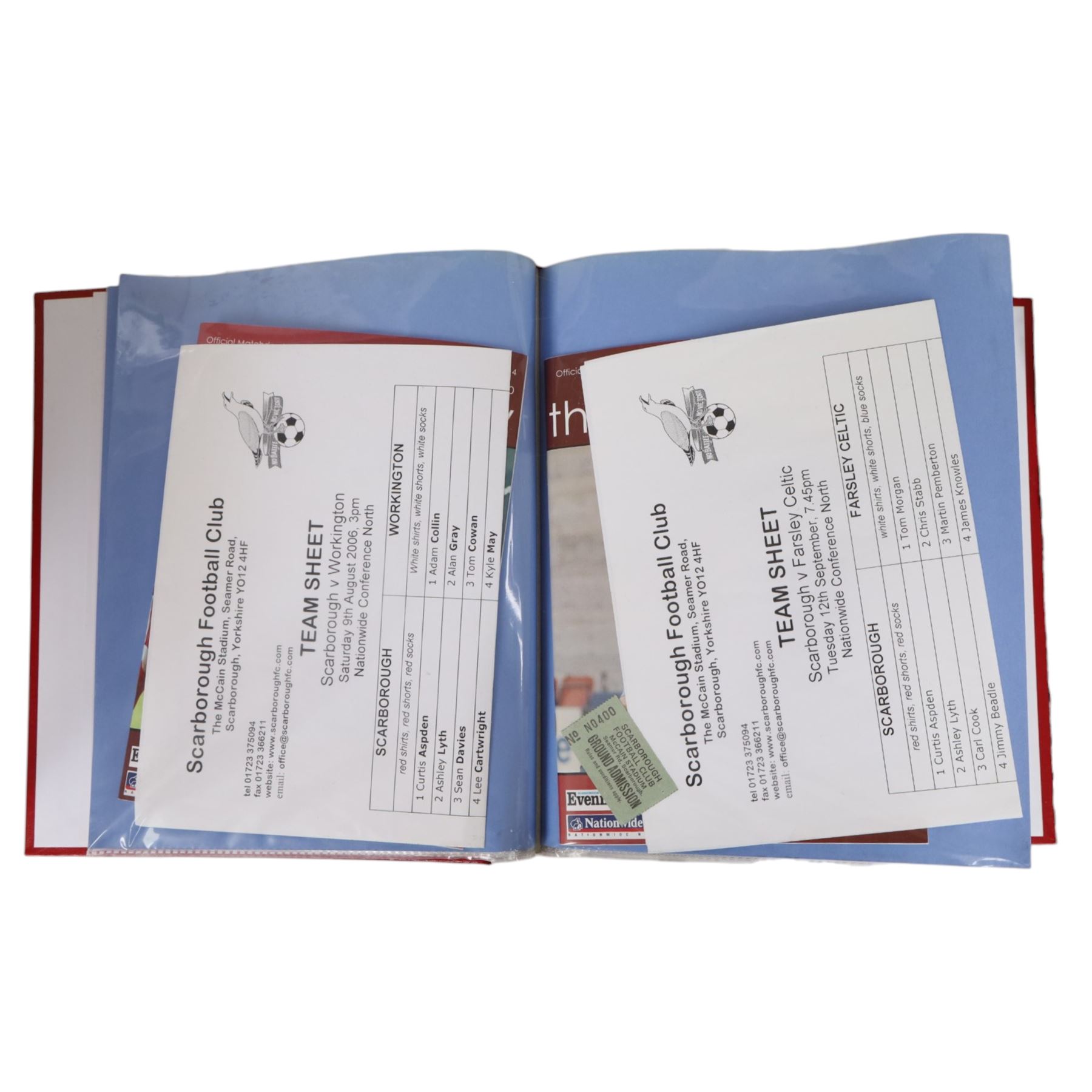Comprehensive collection of approximately two hundred and thirty Scarborough FC football programmes for the 2003/04, 2004/05, 2005/06 and 2006/07 seasons, all filed within eight dedicated Scarborough FC red Home and Away binders