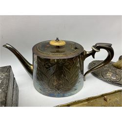 Silver twin handled trophy on a wooden plinth, hallmarked Sheffield, pair of silver plated bud vases, silver plated teapot, and other metal ware, trophy H12.5cm
