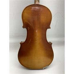 Czechoslovakian violin c1920 with 36cm two-piece maple back and ribs and spruce top, bears label 'Copy of Antonius Stradivarius Made in Czechoslovakia' L59cm; in carrying case; 1950s Czechoslovakian violin; and 195os Czechoslovakian three-quarter size violin; both cased (3)