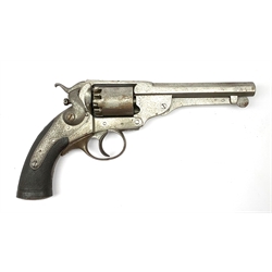 19th century English Kerr's Patent five-shot 54-bore side hammer percussion cap revolver, the 14cm octagonal barrel indistinctly marked to the top 'London Armoury', engraved 'Kerr's Patent 624' on the right frame beneath the cylinder, chequered walnut stock 30cm overall