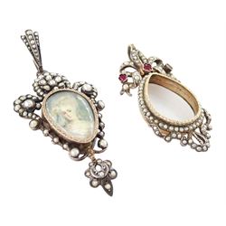 Two 19th century French silver pearl locket pendants, the first set with a pear shaped portrait miniature of a woman in 18th century dress on ivory, within a milled bezel and openwork split and seed pearl surround, the other of similar design with ribbon surmount and set with garnets and seed pearls, both hallmarked. This lot has been registered for sale under Section 10 of the APHA Ivory Act