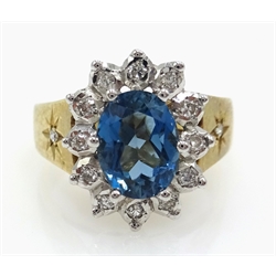  9ct gold oval blue topaz and diamond cluster ring hallmarked  