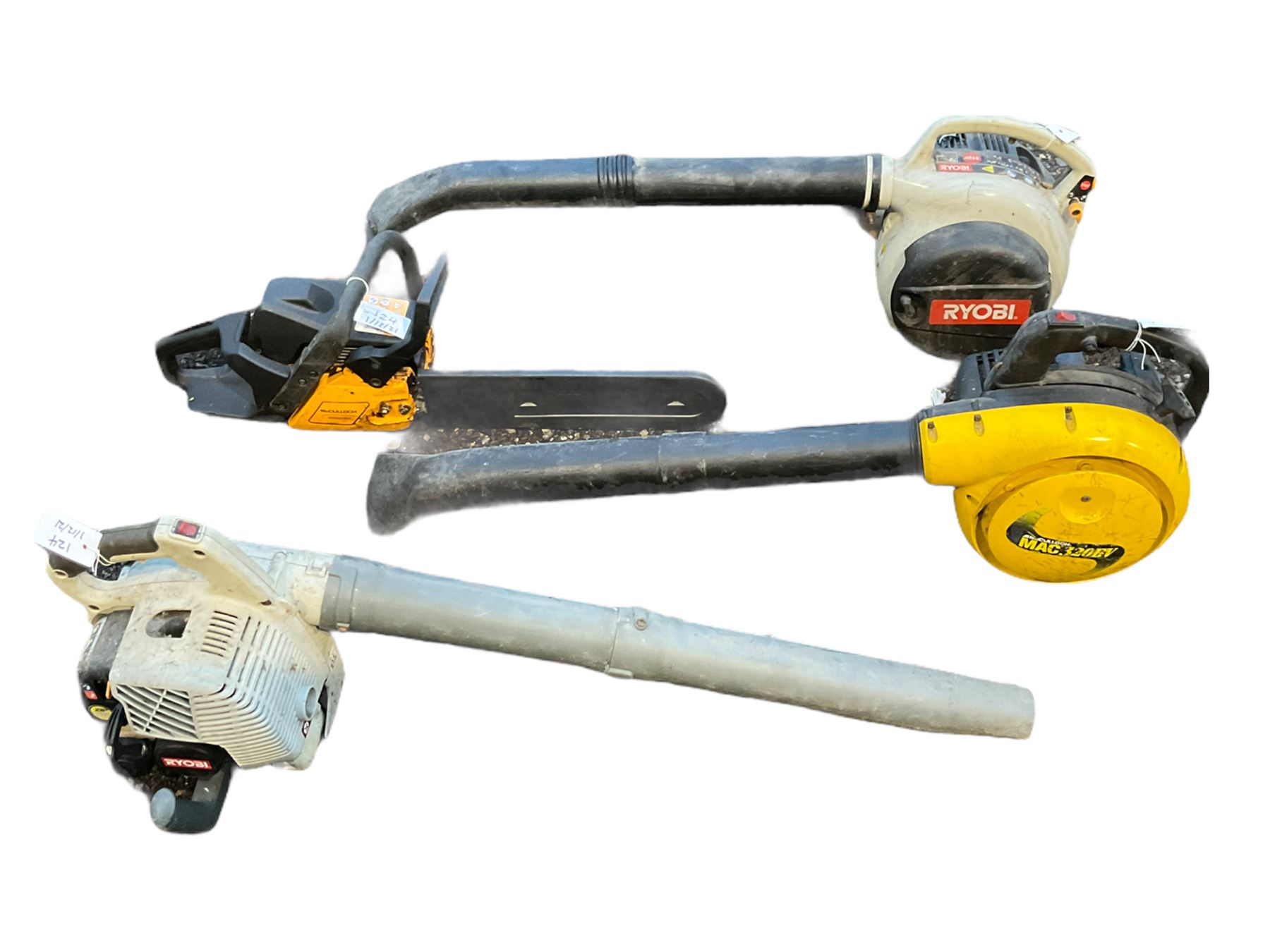 Two Ryobi petrol leaf blowers, McCulloch petrol leaf blower and a McCulloch chain saw - THIS LOT IS TO BE COLLECTED BY APPOINTMENT FROM DUGGLEBY STORAGE, GREAT HILL, EASTFIELD, SCARBOROUGH, YO11 3TX