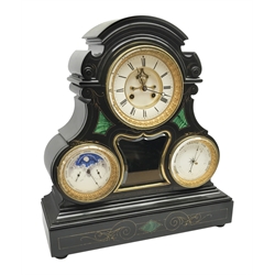 Victorian black slate perpetual calendar clock, the circular enamel Roman dial with twin train movement striking the hours and half on bell, to the left a moonphase calendar dial with independent day, date and month dials, to the right an aneroid barometer, the case with engraved and gilt decoration and set with malachite, twin tube mercury pendulum, with key, W49cm, H54cm, D16cm