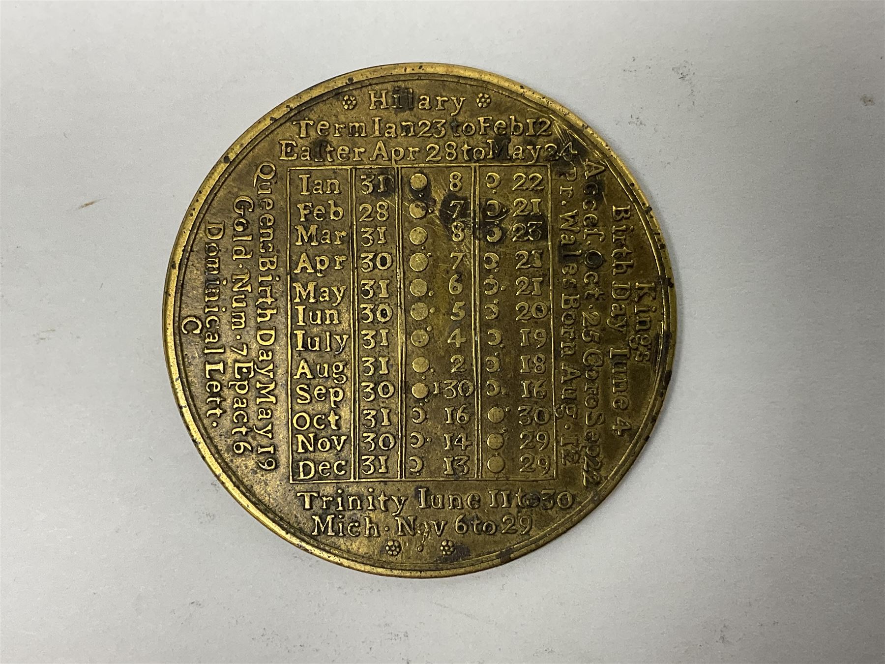 18th century brass calendar medal, for 1756, by John Powell, with moonphase calendar to reverse 