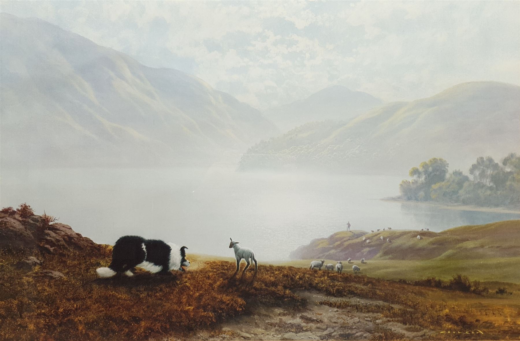After Gerald Coulson (British 1926-): Herding Sheep on the Lakeside, colour print 50cm x 75cm in gilt frame, together with three small gilt framed prints max 9cm x 13cm (4)