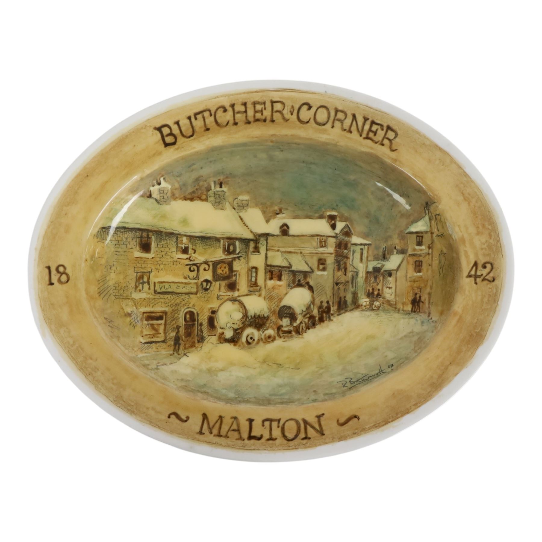 Pair of oval plates painted with Malton scenes, L35cm