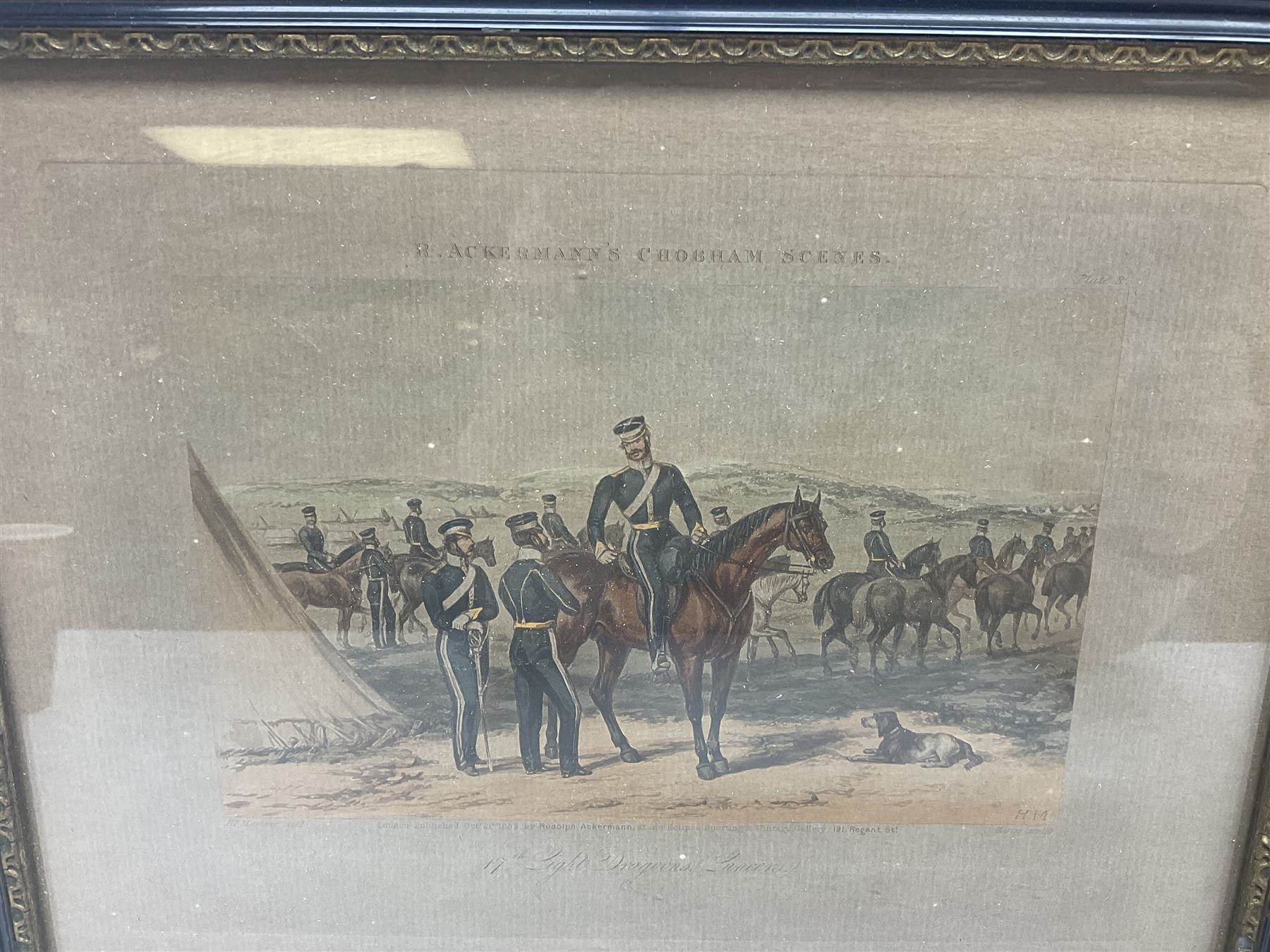After Ackermann, Crimean War colour print in the Cobham Scenes series entitled '17th Light Dragoons (Lancers)', 15 x 19cm, Hogarth type frame; 19th century engraving of John Penn Private in the 17th Lancers, gilt frame; and oakframed colour print of a Napoleonic War scene (3)