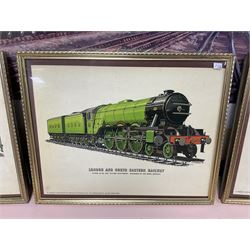 After Peter Owen Jones (British 20th century), 'Scots Guardsman'; limited edition colour print signed in pencil, together with three colour prints of early 20th century steam trains (4)