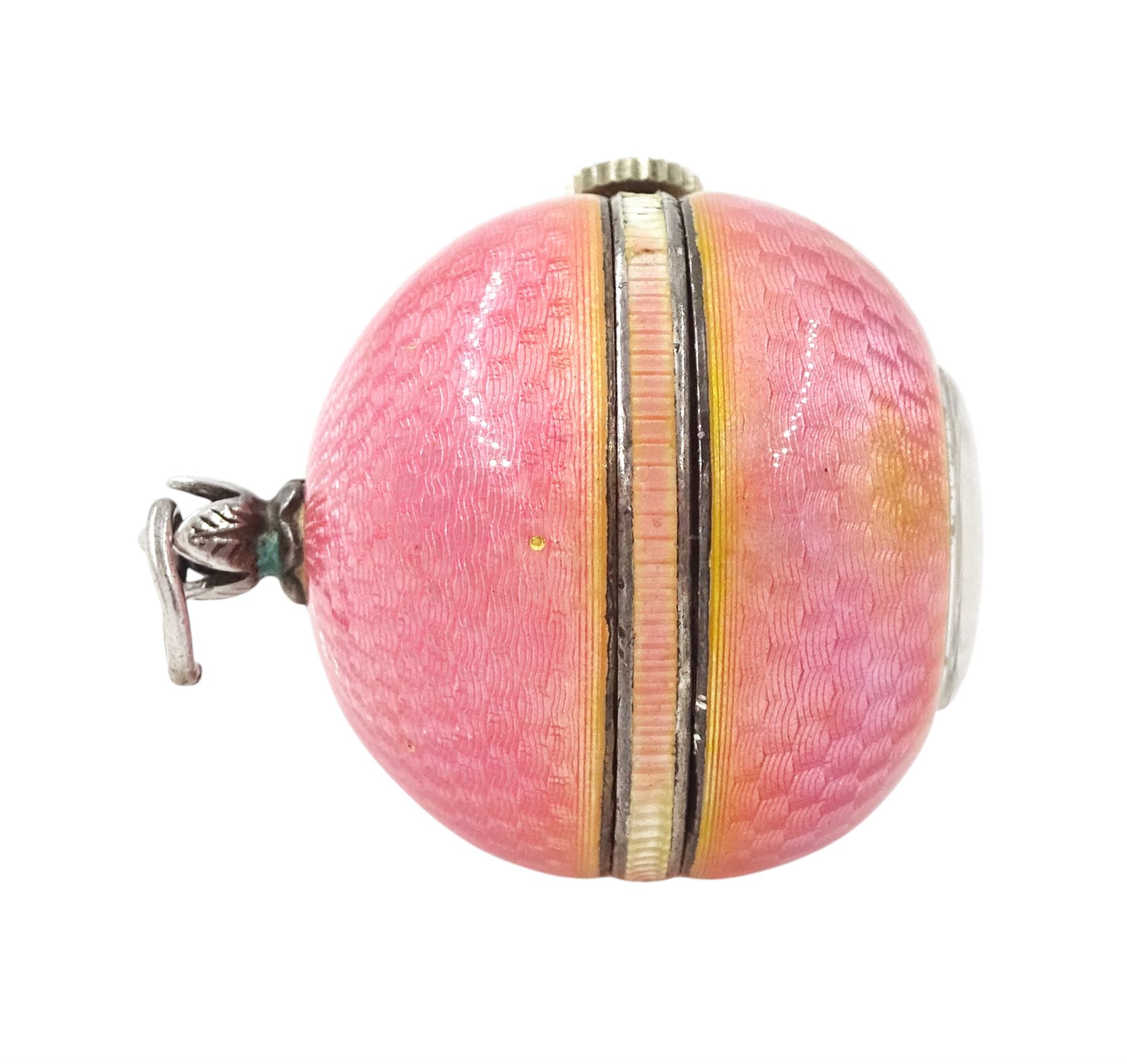 Early 20th century ladies keyless cylinder ball watch, silvered dial with Arabic hour markers and pink guilloche enamel decoration