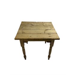 20th century pine dining table, square top over turned supports
