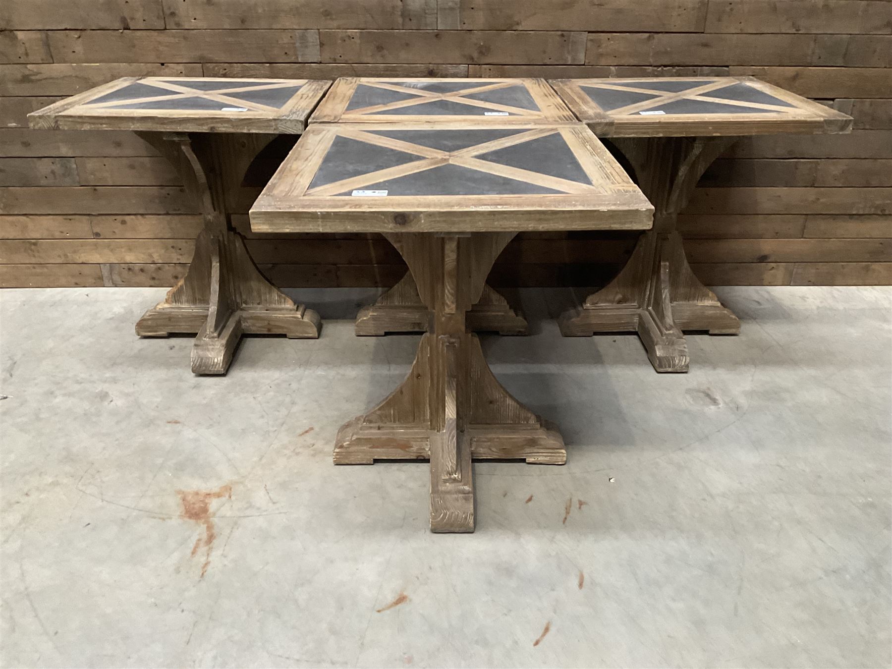 4 x Rustic square restaurant bistro table, parquetry top, X shaped base