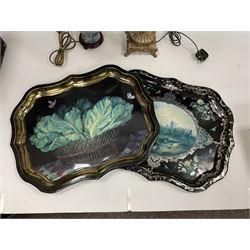 Two lamps and two reproduction papier mache style trays