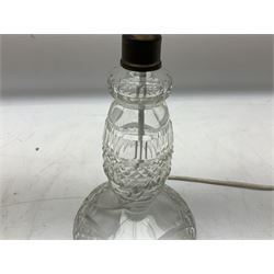 Waterford style cut crystal table lamp with mushroom shade and shaped central column upon a circular spreading foot, H39cm