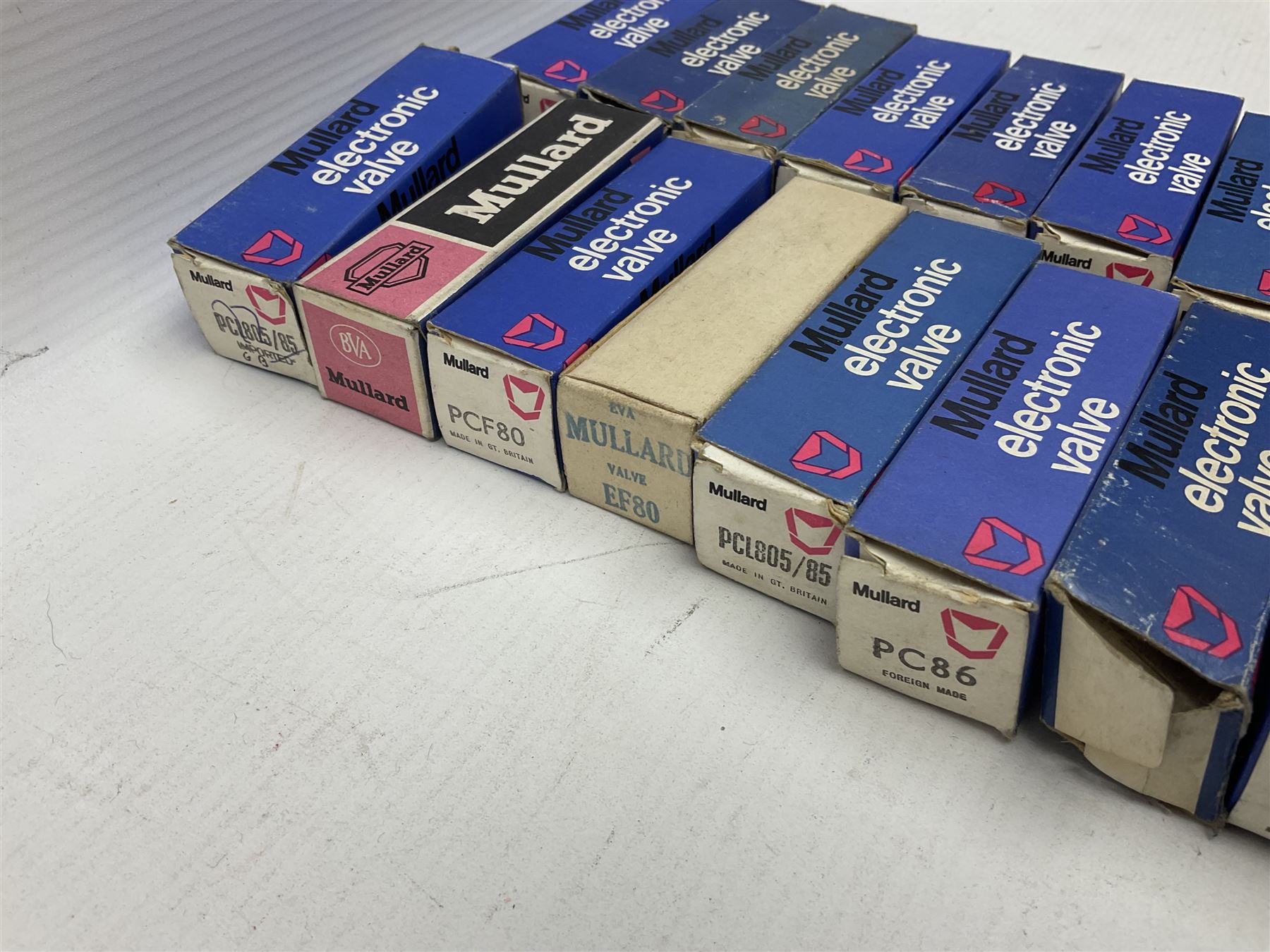 Collection of Mullard thermionic radio valves/vacuum tubes, including PCC189, PCL805/85, DY802, PCL86, PFL200, etc approximately 60 as per list, all boxed