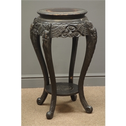  Late 19th century jardiniere, foliate and chinese style carvings, joined by an under tier, four splayed supports, W54cm, H76cm  