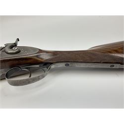 19th century Purdey 12-bore side-by-side double barrel black powder hammer gun, 76cm cylinder bored un-choked barrels with 2.5