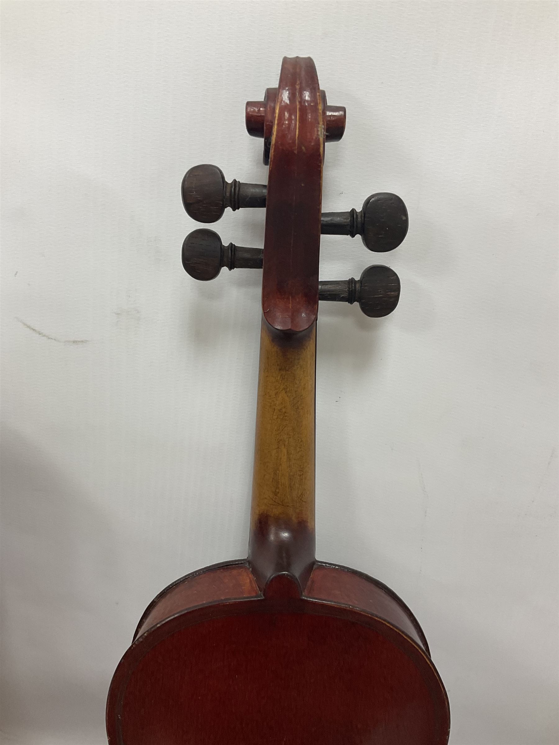 Four violins 1/8th size; half size with Nicolas Bertholini label; three-quarter size with Stradivarius copy label; and full size with Marquis De L'Air label (4)
