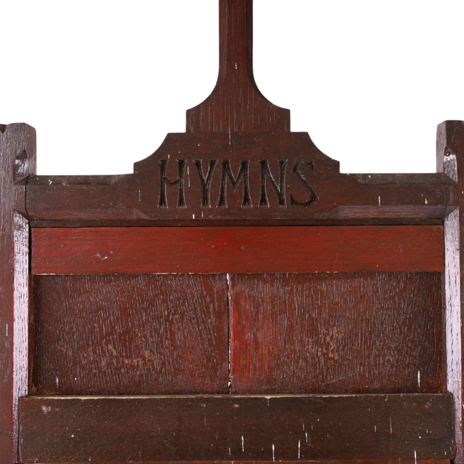 19th Century oak hymn board surmounted by carved cross pediment, H105cm