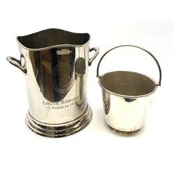 Contemporary plated Champagne bucket, engraved with Louis Broderer and monogram to both sides, with twin handles, spreading circular base and shaped rim,  H24cm, together with a small plated ice bucket with swing handle