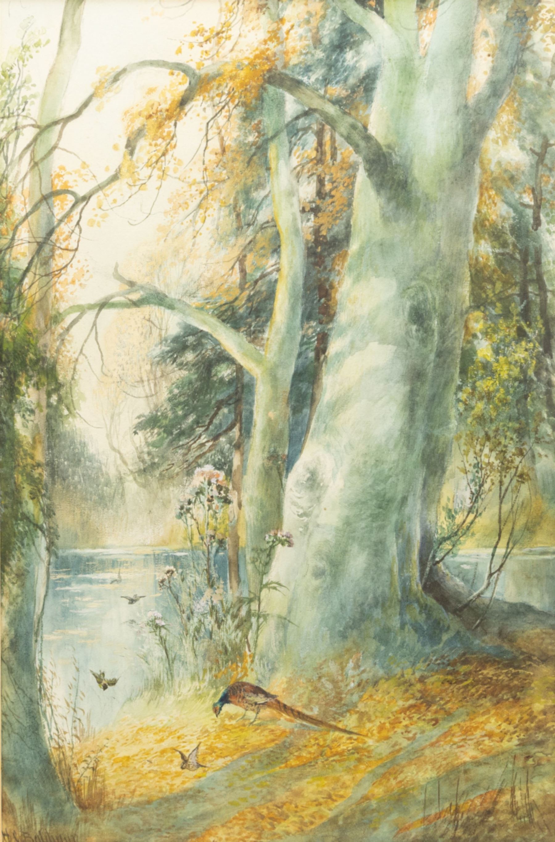 Charles Henry Clifford Baldwin (British 1849-1943): Woodland Lake Scene with Birds and Pheasants, set three watercolours signed max 45cm x 29cm (3) 
Notes: Baldwin was a longstanding artist for Royal Worcester