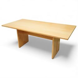 Heals - oak veneered dining table, with rectangular plain-surfaced top on twin slab end su...