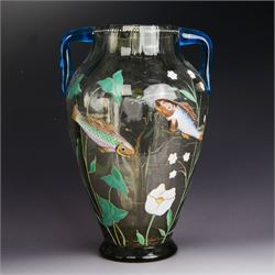 20th century smoked glass vase, of shouldered twin-handled form, with enamel fish and flow...