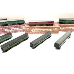 Graham Farish '00' gauge - three BR red Suburban coaches, boxed; two Southern green Suburban coaches; and seven unboxed Southern coaches (12)