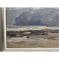 Marie Hartley (Yorkshire 1905-2006): 'Cliffs near Robin Hood's Bay', oil on canvas signed, titled on printed label verso 25cm x 35cm