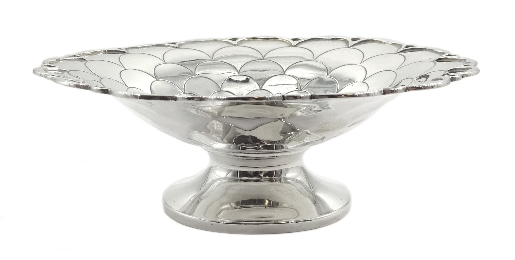 Silver Art Deco christening mug, engraved decoration by Stower & Wragg Ltd, Sheffield 1939, silver scalloped design, pedestal bon bon dish by Mappin & Webb, Sheffield 1956 and a silver small dish by William Comyns & Sons Ltd, approx 9.5oz