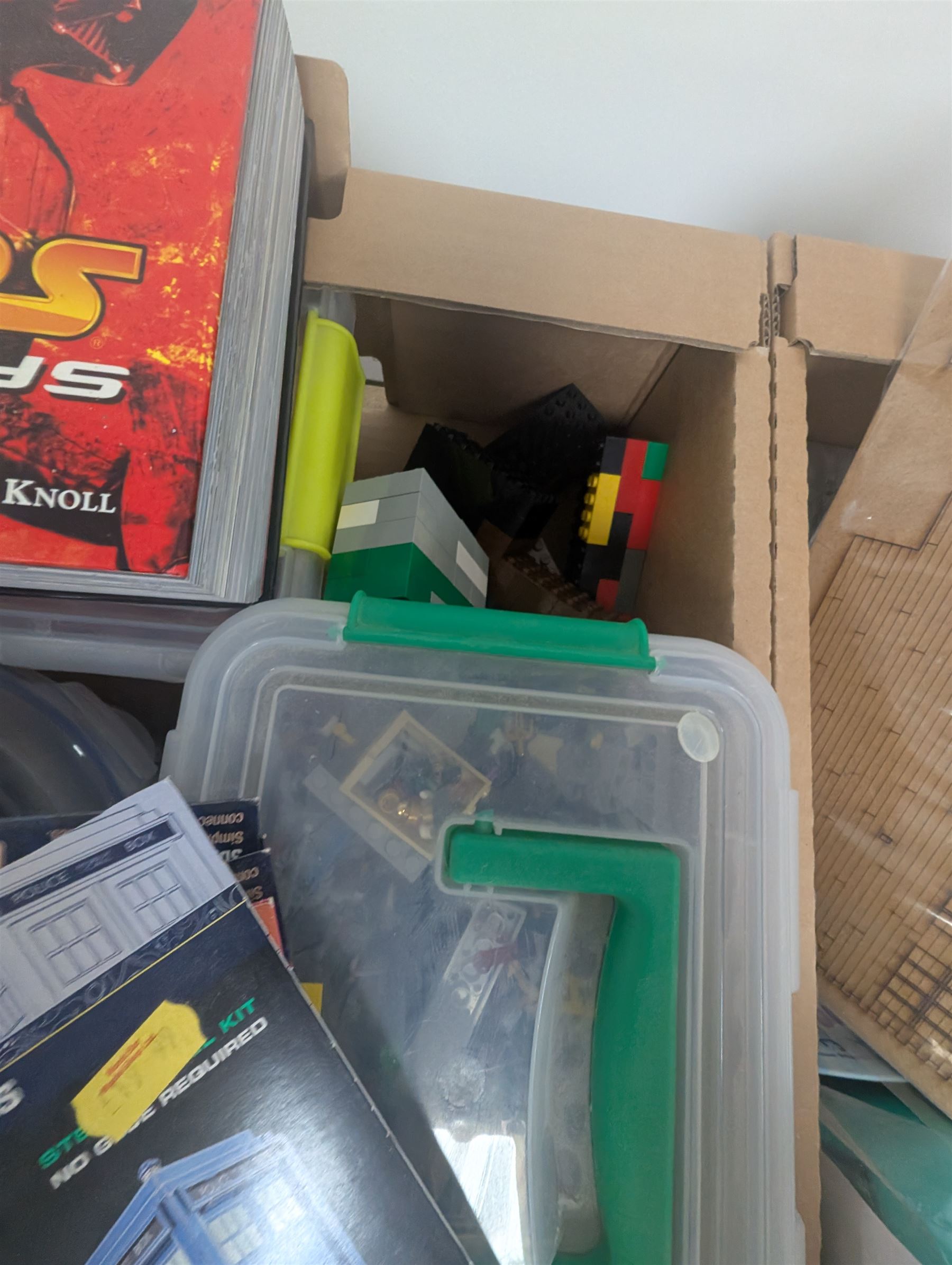 Collection of modelling equipment, kits, accessories, loose lego, including Games Workshop Warhammer 40000, military figures, etc, in four boxes, 