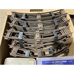 '0' gauge - large quantity of two-rail track with fixing clips including curves, straights, points, cross-overs etc; and boxed Meccano A3 Power Control Units; in four boxes