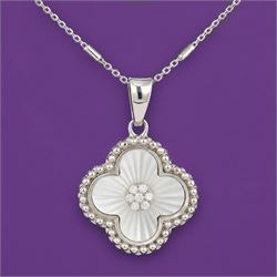 Silver cubic zirconia and mother of pearl flower head pendant necklace, stamped 925